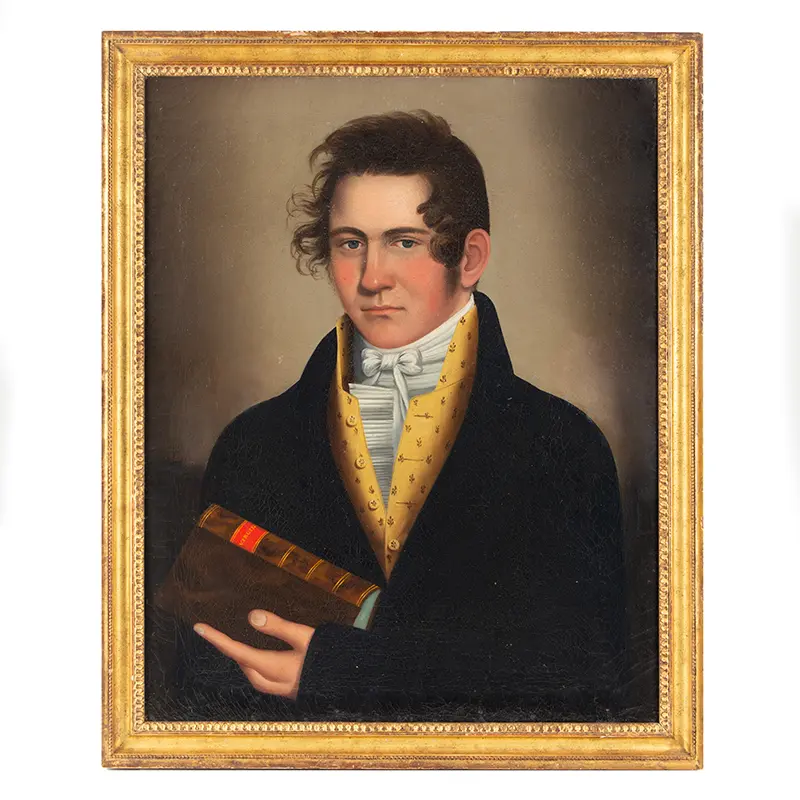 Portrait, Handsome Man Wearing Yellow Vest, Holding a Book