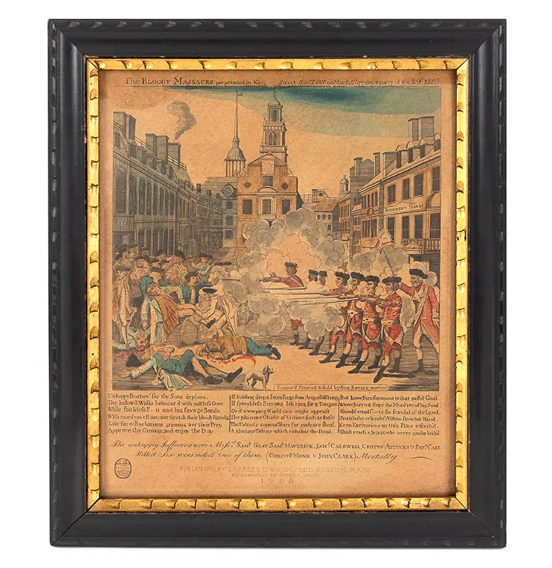 THE BLOODY MASSACRE – BOSTON, MARCH 5, 1770, Hand Colored Engraving